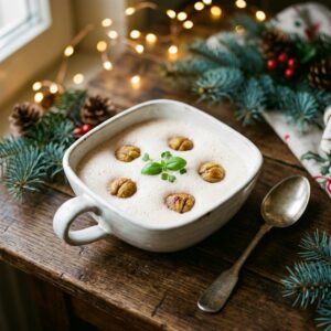 Weiße Tomatenschaumsuppe mit Maronenklößchen